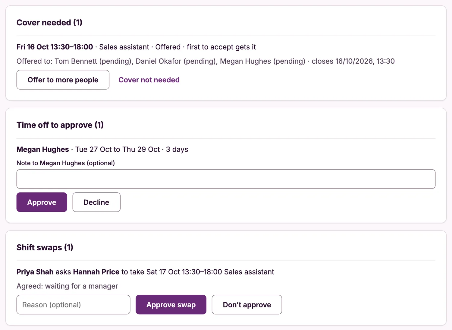 The requests page: one shift needing cover, one time-off request to approve and one shift swap waiting for a manager.